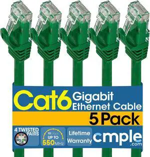 Cmple - [5 PACK] 1.5 Feet Cat6 Ethernet Cable, 10 Gigabit Network Cord, Ethernet Patch Cable, Computer LAN Internet Cable with Snagless RJ45 Connectors, Modem Wire - Green