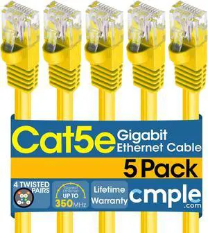 Cmple - [5 PACK] 7 Feet Cat5e Cable, Ethernet Patch Cord, Yellow Cat5 Wire for Fast Internet, RJ45 Connectors, LAN Network Internet Cord, Modem Router Cable