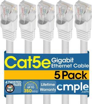 Cmple - [5 PACK] 1.5 Feet Cat5e Cable, Ethernet Patch Cord, White Cat5 Wire for Fast Internet, RJ45 Connectors, LAN Network Internet Cord, Modem Router Cable