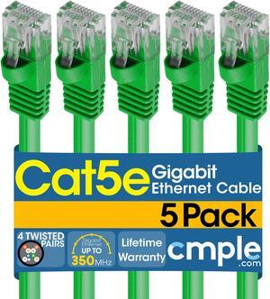 Cmple - [5 PACK] 5 Feet Cat5e Cable, Ethernet Patch Cord, Green Cat5 Wire for Fast Internet, RJ45 Connectors, LAN Network Internet Cord, Modem Router Cable