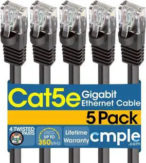 Cmple - [5 PACK] 1.5 Feet Cat5e Cable, Ethernet Patch Cord, Black Cat5 Wire for Fast Internet, RJ45 Connectors, LAN Network Internet Cord, Modem Router Cable
