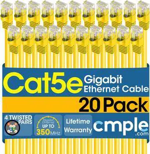 Cmple - [20 PACK] 10 Feet Cat 5 Ethernet Patch Cable , 1 Gbps LAN Network Cord, Yellow Cat5e Wire, RJ-45 Connectors, 350 MHz UTP Computer Internet Cable