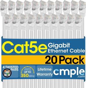 Cmple - [20 PACK] 1.5 Feet Cat 5 Ethernet Patch Cable , 1 Gbps LAN Network Cord, White Cat5e Wire, RJ-45 Connectors, 350 MHz UTP Computer Internet Cable