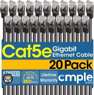 Cmple - [20 PACK] 5 Feet Cat 5 Ethernet Patch Cable , 1 Gbps LAN Network Cord, Black Cat5e Wire, RJ-45 Connectors, 350 MHz UTP Computer Internet Cable