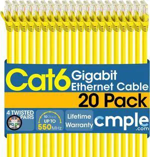 Cmple - [20 PACK] 5 Feet Cat6 Ethernet Cable, Network Patch Cord, 550 MHz 10 Gbps Cat6 Internet Wire, Computer LAN Cable with RJ-45 Connectors - Yellow