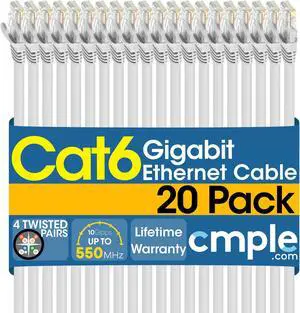 Cmple - [20 PACK] 10 Feet Cat6 Ethernet Cable, Network Patch Cord, 550 MHz 10 Gbps Cat6 Internet Wire, Computer LAN Cable with RJ-45 Connectors - White
