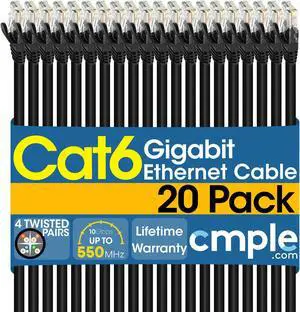 Cmple - [20 PACK] 5 Feet Cat6 Ethernet Cable, Network Patch Cord, 550 MHz 10 Gbps Cat6 Internet Wire, Computer LAN Cable with RJ-45 Connectors - Black