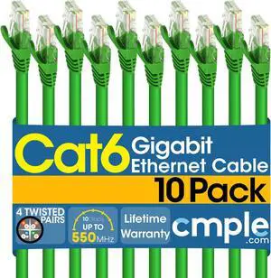 Cmple - [10 PACK] 1.5 Feet Cat6 Ethernet Cable, 10Gbps - 550Mhz Patch Cable,  Internet Network Cord, UTP Computer LAN Cable with RJ45 Connectors, Cat 6 Wire - Green