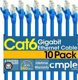 Cmple - [10 PACK] 3 Feet Cat6 Ethernet Cable, 10Gbps - 550Mhz Patch Cable,  Internet Network Cord, UTP Computer LAN Cable with RJ45 Connectors, Cat 6 Wire - Blue