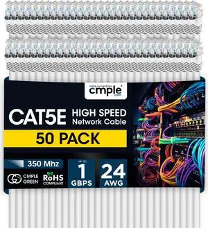 Cmple - 50 Pack Cat 5e Ethernet Cable 3 ft 1Gbps Cat5e Patch Cord with RJ45 Connectors 350MHz Internet Cable for Computer, WiFi Router, Modem - White