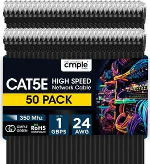 Cmple - 50 Pack Cat 5e Ethernet Cable 1.5 ft 1Gbps Cat5e Patch Cord with RJ45 Connectors 350MHz Internet Cable for Computer, WiFi Router, Modem - Black