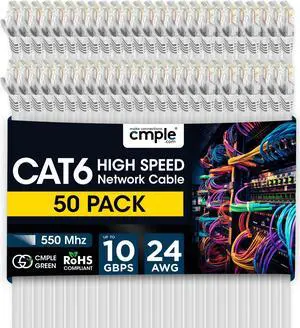 Cmple - 50 Pack Cat 6 Ethernet Cable 3 ft 10Gbps Internet Cable with RJ45 Connectors 550MHz Cat6 Patch Cord for Computer, WiFi Router, Modem - White