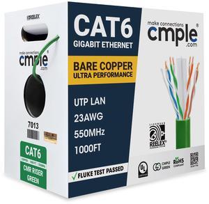 Cmple - Cat 6 Cable 1000ft, 23 AWG Bare Copper Wire CMR Riser Cat6 Ethernet Cable, (UTP) Unshielded Twisted Pair, Gigabit Ethernet Cord, 550Mhz, PoE++, Reelex Box - Green