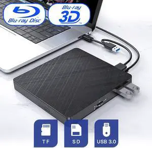 External Blu Ray CD DVD Drive, [5 in 1] USB 3.0 & Type-C External CD/DVD Blu-Ray Burner Writer with SD/TF & USB Ports, Slim Optical 3D BD Bluray Optical Drive Compatible with Windows 10/8/7, MacOS