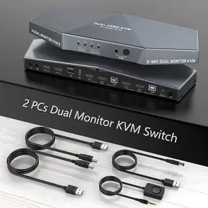 [Upgraded Version] 2 PCs Dual Monitor KVM Switch Box, 4K HDMI KVM Switch Dual Monitor Suitable for 2 Computers + 2 Monitors with Audio, USB Powered, Hotkey Switch, 4K Monitor hdmi Switch with Cables