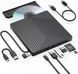 [8 in 1] External CD DVD Drive, External CD Burner USB 3.0 & Type C Optical Drive with 4 USB Ports and 2 TF/SD Card Slots, Optical Disk Drive for Laptop Mac, PC Windows 11/10/8/7 Linux OS
