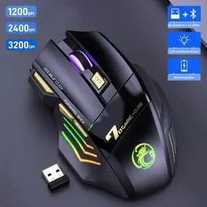 Wireless Gaming Mouse, [2.4G RF + Bluetooth] Dual Mode Wireless Mice, with 7-Color Rainbow Luminous, Silent Mouse, 7 Buttons, 1200/2400/3200 DPI, Ergonomic Gaming Mice for Computer Gamer PC Office