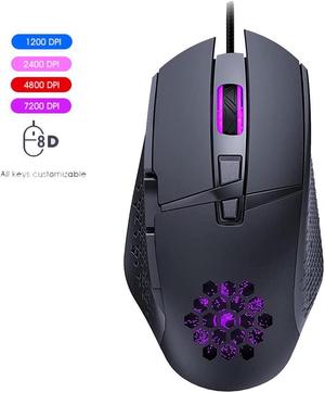 Gaming Mouse, Wired Mouse with RGB Backlight Cellular Design 8 Buttons 7200 DPI 4-Level Adjustable USB Port Mouse, Computer Optical Ergonomic PC Gaming Mice Compatible with Windows MacOS (Black)