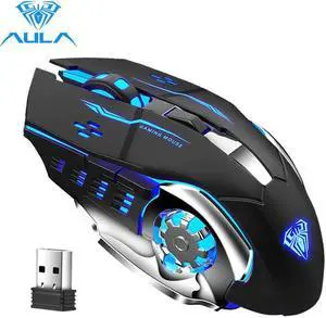 SC100 Wireless Gaming Mouse, with 800mAh Battery Rechargeable, LED Backlight, USB Receiver, Ergonomic Optical 2.4G Cordless Metal Mice for PC Laptop, Tablet, Desktop Computer Games/Work (Black)