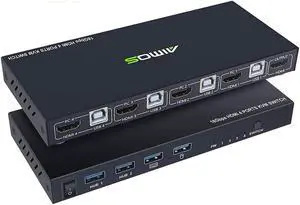 KVM Switch HDMI 4 Port Box, HDMI2.0 KVM HDMI Switcher Support Wireless Keyboard and Mouse Connections and with USB Hub Port, UHD 4K @60Hz & 3D & 1080P Supported (with 4 USB Cables)