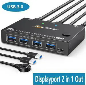 USB 3.0 KVM Switch Displayport 8K@30Hz 4K@120Hz, 2 Port Displayport KVM Switch 2 PC 1 Monitor Support DP1.4 Compatible with D1.2, DP KVM Switch 2 in 1 Out Includes 2 USB3.0 Cables and Wired Controller