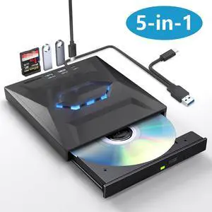 [5-in-1] External CD DVD Drive, USB C USB 3.0 Portable CD/DVD +/-RW Drive/DVD Player with SD Card Reader USB 3.0 USB C Hub CD ROM Burner Compatible with Laptop Desktop PC Windows Linux MacOS (Black)
