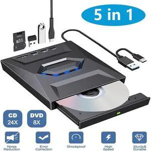External CD DVD Drive, [5 in 1] USB 3.0 & Type-C Portable CD DVD +/-RW ROM Burner with SD/TF Slot & USB Ports, DVD 8X CD 24X High Speed CD/DVD Reader for Laptop Macbook Desktop PC Windows Linux Mac OS