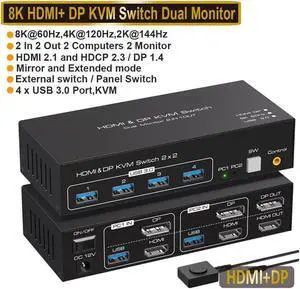 HDMI + Displayport KVM Switch Dual Monitor, 2 Port DisplayPort and HDMI 8K@60HZ KVM Switcher for 2 Computers 2 Monitors with 4 Ports USB 3.0 Support Copy and Extended Display and Desktop Control