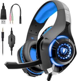 Gaming Headset for PS4, Xbox One Controller, PC, Over Ear Headphones with Noise Cancelling Mic, Soft Memory Earmuffs, LED Light, Stereo Bass Surround Sound for Nintendo Switch Laptop Mac