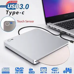 External DVD Drive for Laptop, Portable High-Speed Touch Eject Type C USB-C & USB 3.0 CD Burner/DVD Reader Writer for PC Desktops, Compatible with Windows/Mac OSX/Linux