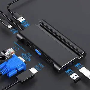 USB C HUB 7 in 1 Type-C Converter Dock Station HUB HDMI VGA LAN USB3.0 PD Phone Bracket Adapter for Laptop Computer Accessories