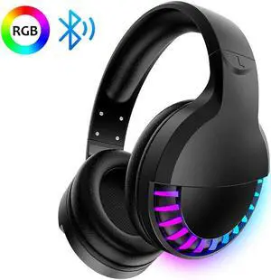 Wireless Bluetooth Headphone with Noise Cancellation HiFi Stereo Sound Mic Deep Bass Protein Earpad Rainbow RGB Backlight Rechageable Over Ear Headset for PC Mac Game Travel Class Home Office