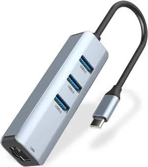 USB 3.1 USB C Type-C Ethernet Adapter, 4-in-1 Aluminum USB C Adapter with Ethernet Port, 3 USB 3.0 Ports, for MacBook Pro 2019/2018/2017, Chromebook, Linux, and More Type C Devices