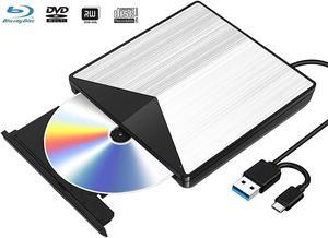 External Blu-Ray CD DVD Drive 3D, USB 3.0 and Type USB C Blu Ray DVD CD RW Row Burner Player Compatible for MacBook OS Windows 7 8 10 PC