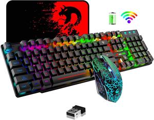 Wireless Gaming Keyboard and Mouse,Rechargeable Rainbow Backlit Keyboard Mouse with 3800mAh Battery,Mechanical Feel Gaming Keyboard,7 Color Gaming Mute Mouse,Gaming Mouse Pad for PC Gamers