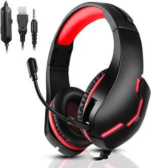 PS4 Gaming Headset for Xbox One, PS5, PC, Over Ear Headphones with Noise-Cancelling Mic, J10 Wired Gaming Headset with Stereo Surround Sound, LED Light, Comfort Earmuff - Red