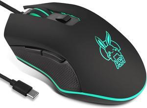 Gaming Mouse Wired, USB C Silent Click with RGB Backlit Optical Type C Computer Game Mice Ergonomic with 2400 DPI 6 Programmable Buttons 4 Shooting for PC Windows Laptop Desktop Mac (Black)