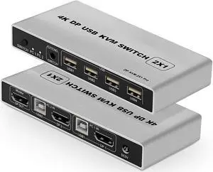 DisplayPort USB KVM Switch 2 Port 4K 60Hz USB and DP Switch for 2 Computers Share Keyboard Mouse Printer Monitor for Laptop,PC, Xbox HDTV, with 2x USB Cable, 1x Switch Button Cable, 1x Power Cable