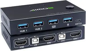 KVM Switch HDMI 2 Port Box, USB and HDMI Switches 4 USB Hub, UHD 4K @30Hz, for 2 Computers Share Keyboard Mouse and one HD Monitor
