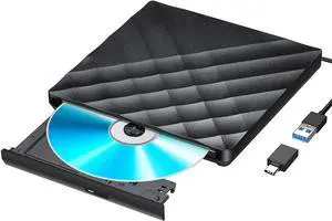 External DVD Drive with USB 3.0 & Type-C Converter External CD DVD Drive Portable CD DVD RW Reader Re-writer Burner for Laptop Desktop PC Compatible with Windows Mac OS Vista Linux System