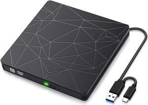 External CD DVD Drive, 2 in 1 Type C & USB 3.0 Slim Portable CD+/-RW DVD ROM Player Reader For Laptop, Desktop Pc Windows 7/8/10/Xp/Linux and Macbook