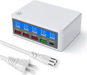 5 Ports USB Charger, 65W 5-Port USB C Charging Station Multi Port USB Hub Charger Compact Size LCD Display, QC 3.0 and PD USB C Fast Charger, Compatible with iPhone iPad Samsung Kindle Tablet and More