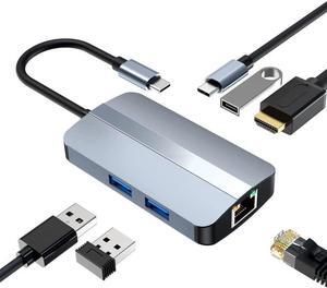 6-in-1 USB C Hub, Multiport Type C Adapter with 4K HDMI, 2x USB 2.0, 1x USB 3.0, 1x 87W PD, 1 x RJ45 Ethernet Adapter, USB-C Docking Station Type C Dongle Compatible with Laptop Windows, MacOS