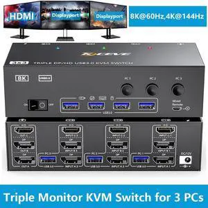 KVM Switch for 3 Computers 3 Monitors 8K@60Hz, HDMI + 2* Displayport Triple Monitor KVM Switch, KVM with 4 USB 3.0 Ports for Keyboard Mouse Printer, Wired Remote and Power Adapter Included