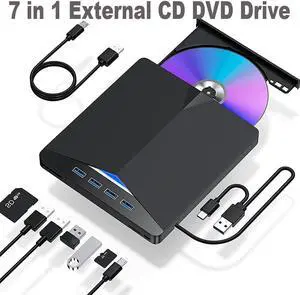 7-in-1 External CD DVD Drive for Laptop, USB 3.0 Type C CD DVD Player Portable CD/DVD Burner, CD ROM External DVD Optical Drive for Laptop Compatible with Laptop Desktop PC Windows Linux Mac OS