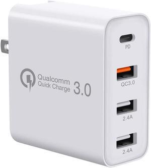 USB C Charger, 48W 4 Ports Fast Charging PD Wall Chargers Quick Charge 3.0, Multi Port USB-C Travel Adapter for SamsungS10/S9/S8/Plus, iPhone Xs/Max/XR/iPhone11, Mainstream Models, Fully Compatible