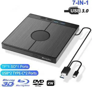 External Blu Ray CD DVD Drive, [7 in 1] USB 3.0 Type-C 3D Blu-ray DVD Burner Slim Optical External Bluray DVD Burner with SD/TF Card Slot 2 USB 3.0 & 2 Type-C Ports for Laptop PC Windows Linux MacOS