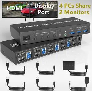 USB 3.0 HDMI + Displayport KVM Switch 2 Monitors 4 Computers, 4K@60Hz Dual Monitor KVM Switch with Audio Microphone Output and 3 USB 3.0 Ports, 4 Port HDMI+DP Monitor Switch for 4 PCs 2 Monitors