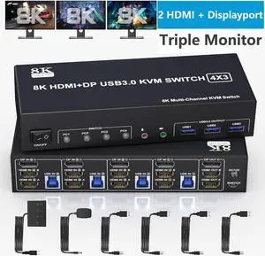 KVM Switch 3 Monitors 4 Computers 8K@60Hz 4K@144Hz, 2 HDMI +1 DisplayPort Triple Monitor KVM Switch for 4 Computer with Audio and 3 USB 3.0 Ports, USB 3.0 KVM Triple Monitor Keyboard Mouse Switcher
