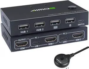 KVM Switch HDMI 2 Port Box, USB and HDMI Switches 4 USB Hub, UHD 4K@30Hz, for 2 Computers Share Keyboard Mouse and one HD Monitor, Not support Hotkey, With HUB Ports